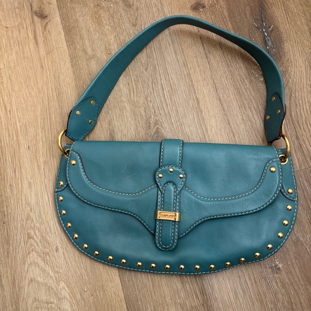 Vintage Michael Kors Teal Studded Leather Shoulder Bag Y2K - Picture 7 of 12